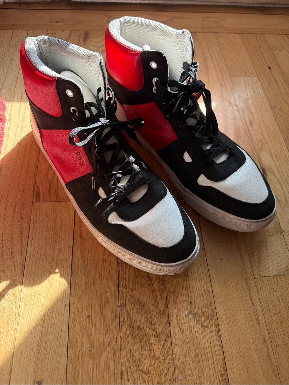 Guess Sz 13 Men's High-Top Sneakers in Red, Black & White